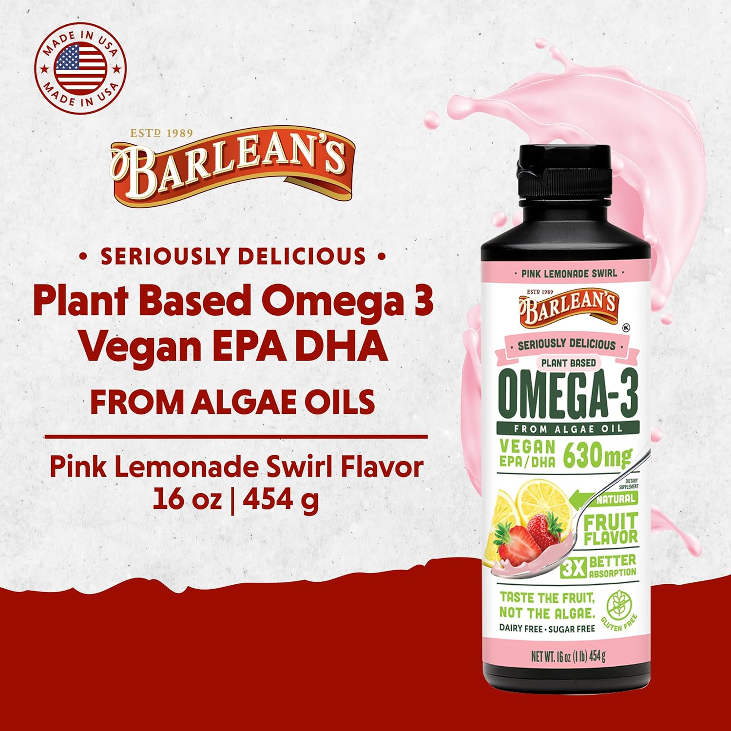 Barlean's Pink Lemonade Vegan Omega 3 Supplement, Liquid Algae Oil with 630 mg EPA & DHA, Plant Based Omegas from Algal Oil, Non-GMO & Gluten Free, 16 oz