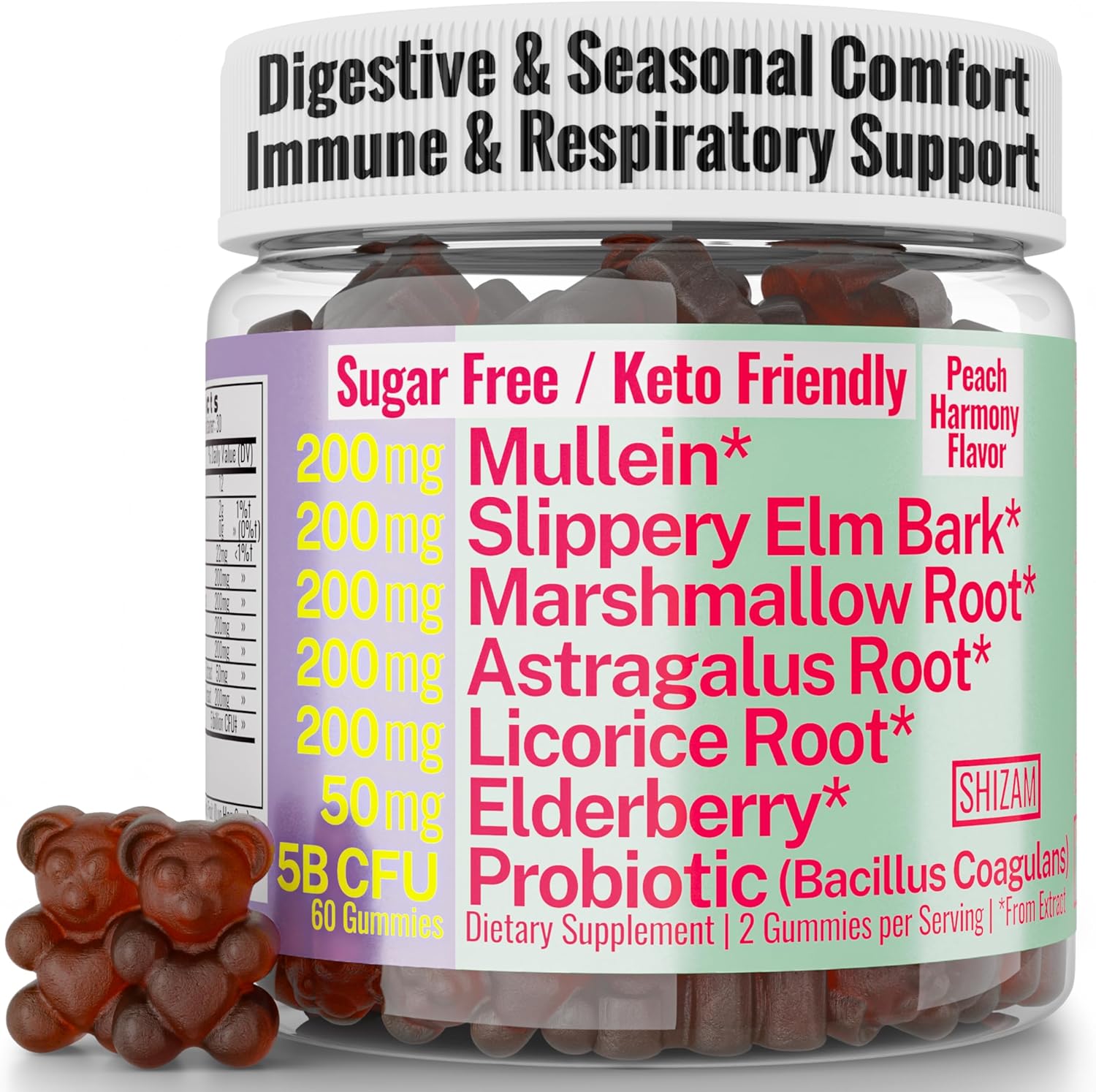 SHIZAM Slippery Elm, Mullein Leaf, Marshmallow Root, Licorice Root, Astragalus Root, Elderberry & Probiotic Bacillus Coagulans Gummies – Sugar-Free, Keto-Friendly, Vegan - Gymnema Sylvestre