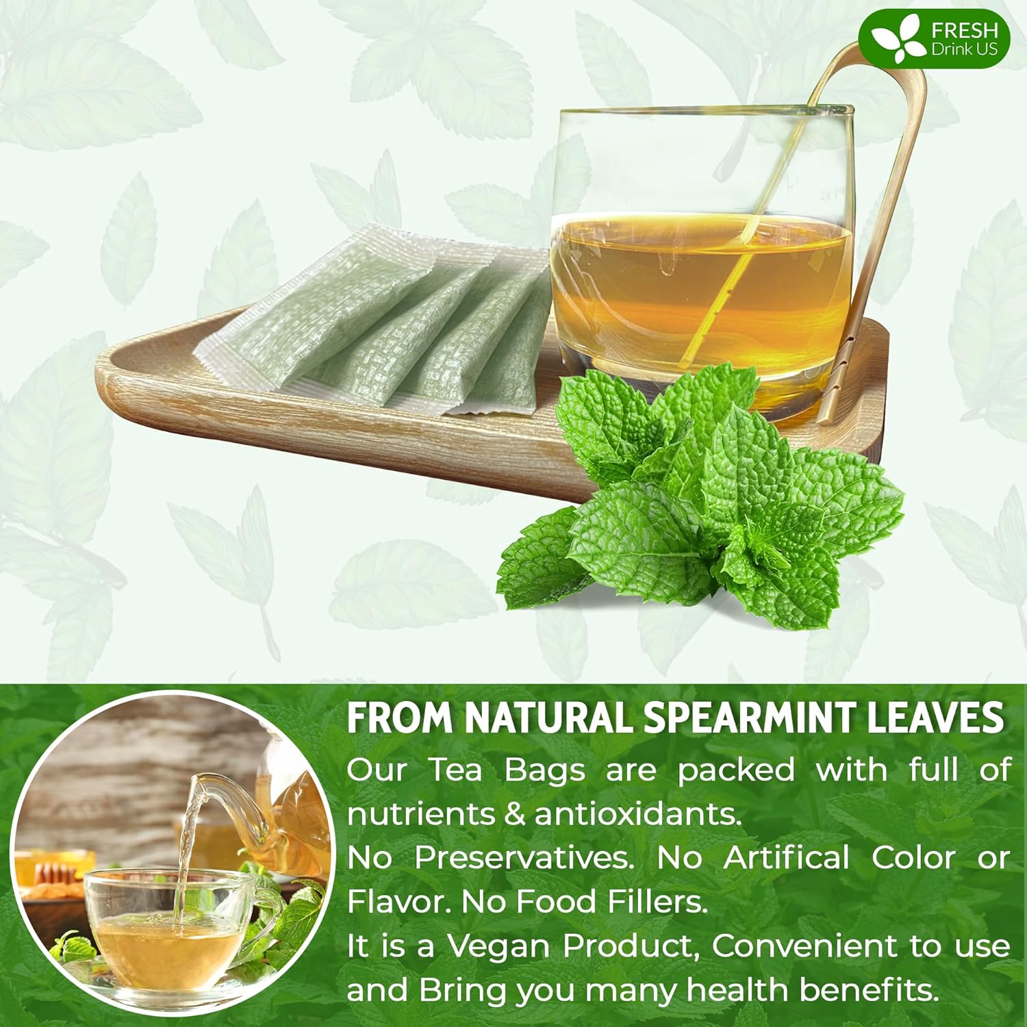 FreshDrinkUS, Premium 135 Spearmint Tea Bags, 100% Natural & Pure Spearmint Leaves. Loose Leaf Spearmint Herbal Tea. Spearmint Leaf Tea. No Sugar, No Caffeine, No Gluten, Vegan.