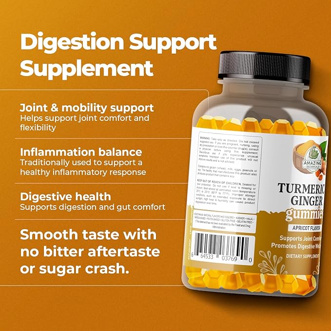 Amazing Botanicals Turmeric & Ginger Gummies – 270 mg Turmeric Extract & 12 mg Ginger per Serving – Apricot Flavor – 60 Gummies – Vegan, Gluten-Free, Non-GMO – Dietary Supplement