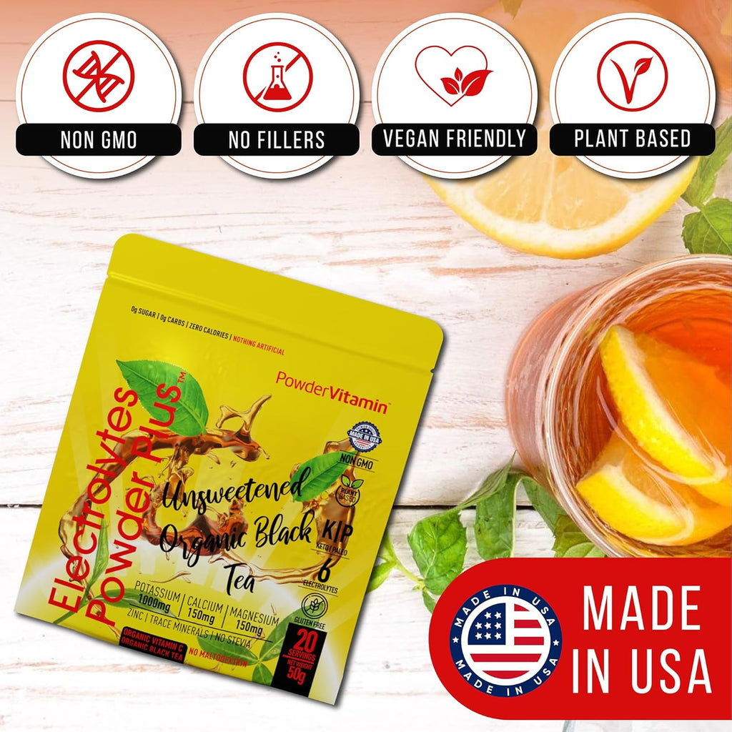 PowderVitamin Electrolytes Powder Plus (20 Servings) Unsweetened Black Tea Electrolyte Powder Keto,SugarFree, Pink Himalayan Salt,1000mgPotassium,150mgCalcium,150mgMagnesium,Hydration Powder NO STEVIA