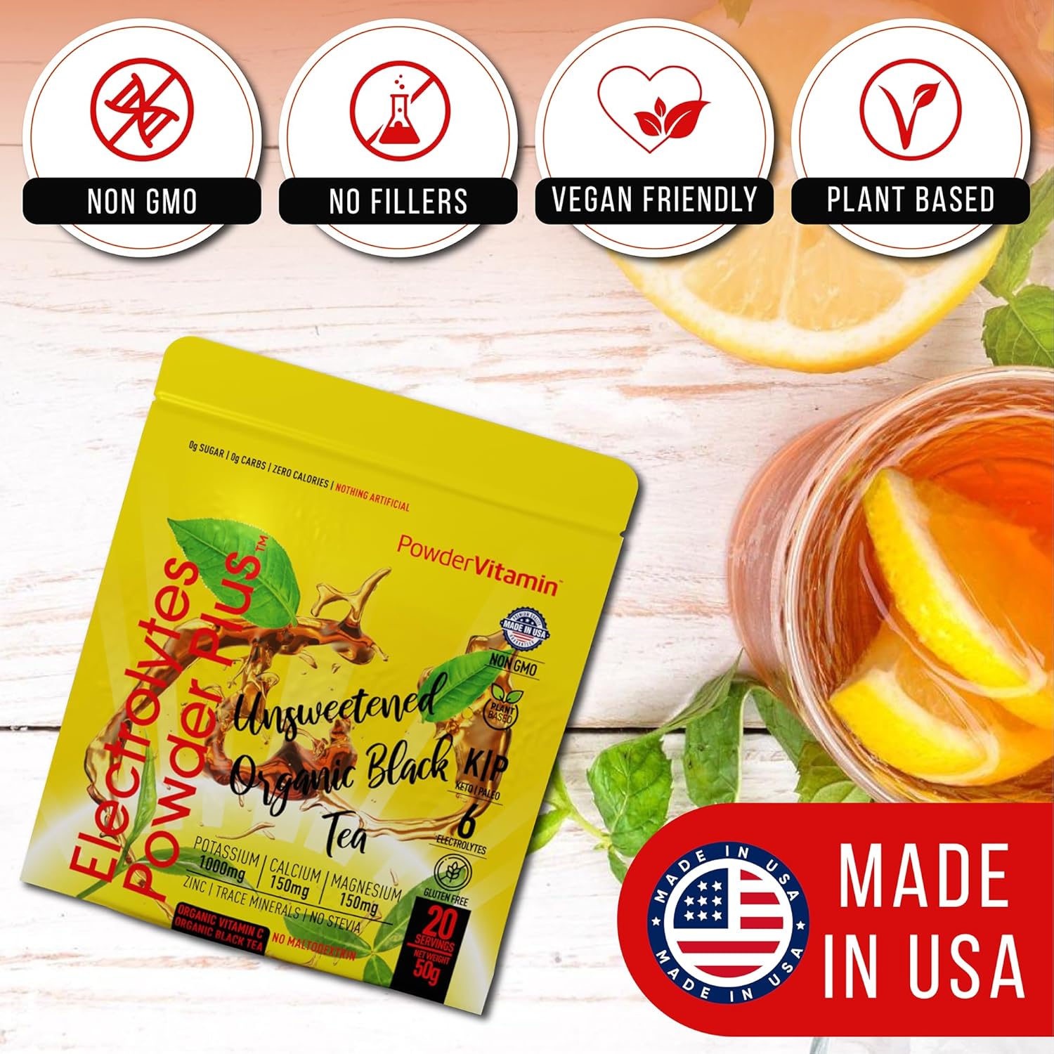 PowderVitamin Electrolytes Powder Plus (20 Servings) Unsweetened Black Tea Electrolyte Powder Keto,SugarFree, Pink Himalayan Salt,1000mgPotassium,150mgCalcium,150mgMagnesium,Hydration Powder NO STEVIA
