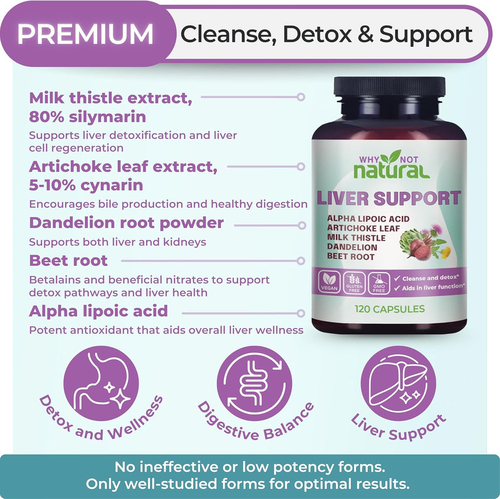 Why Not Natural 5-in-1 Liver Health Formula Supplement for Detox and Cleanse with Milk Thistle Support - 120 Capsules