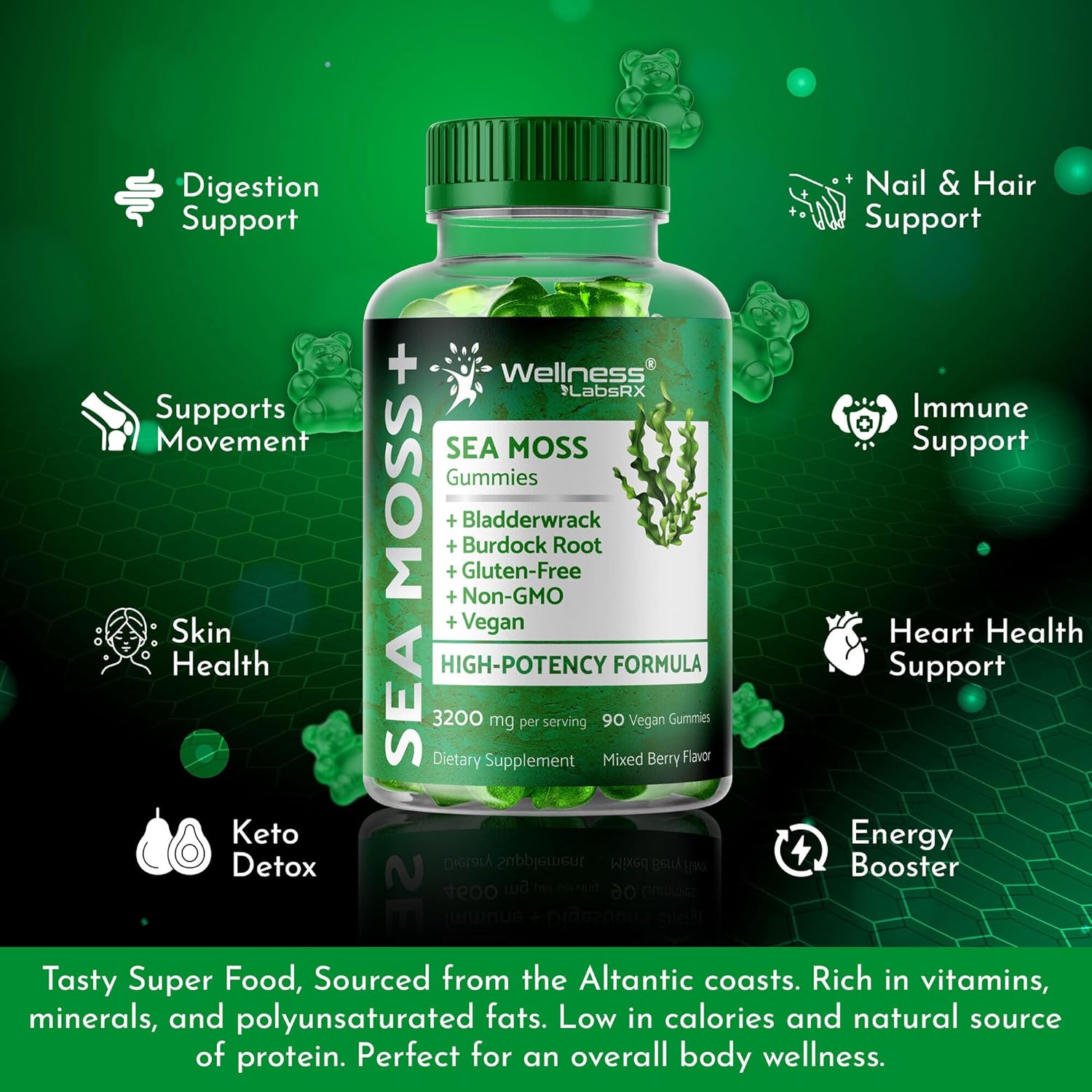 Sea Moss Gummies, 3200mg Irish Sea Moss Mixed Berry Flavor with Maximum Potency Bladderwrack and Burdock Root - Supports Skin, Energy and Immunity - 180 Count