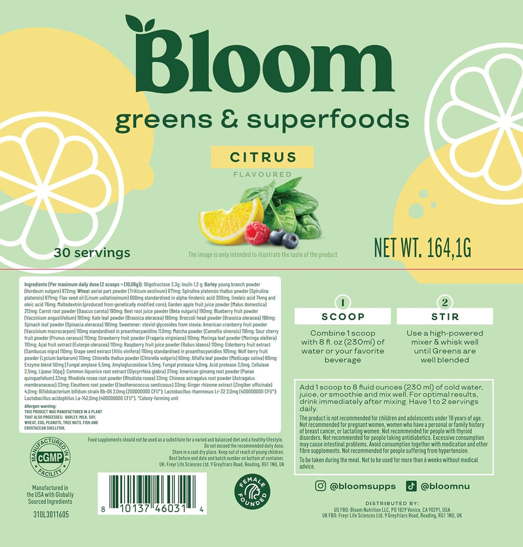 Bloom Nutrition Superfood Greens Powder, Digestive Enzymes with Probiotics and Prebiotics, Gut Health, Bloating Relief for Women, Chlorella, Green Juice Mix with Beet Root Powder, 30 SVG, Citrus