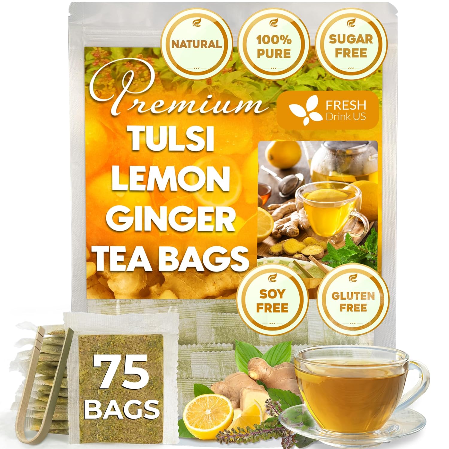 FreshDrinkUS, Premium 75 Tulsi Lemon Ginger Tea Bags, 100% Natural & Pure from Tulsi Holy Basil Leaves, Lemon and Ginger. Made with Natural Material Tea Bags. No Sugar, No Caffeine, Vegan.