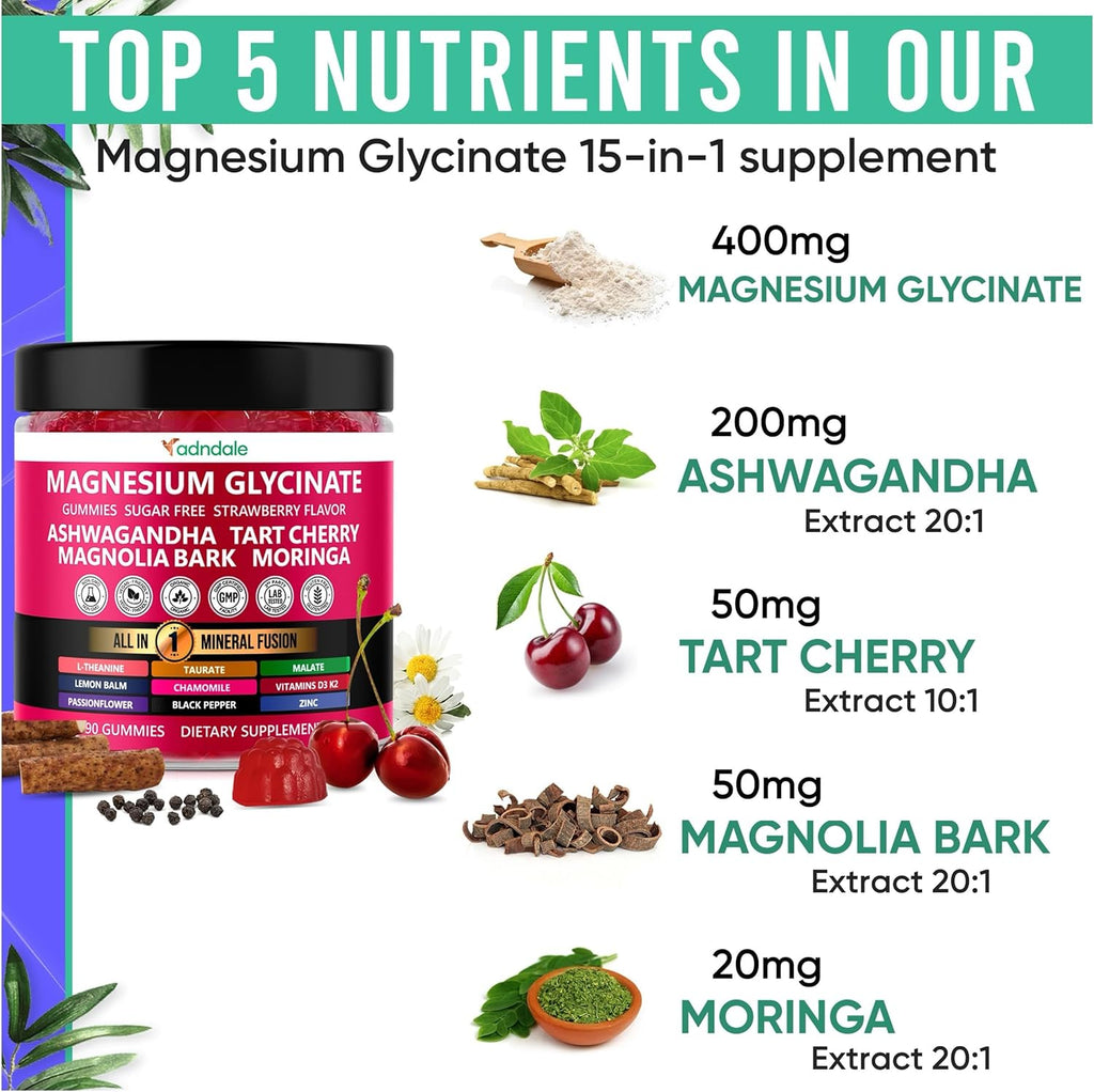 Adndale 180ct 15-in-1 Magnesium Glycinate Gummies 400 mg/serv- with Magnesium Malate, Ashwagandha, Tart Cherry, Magnolia Bark, Lemon Balm, Passionflower, Chamomile, L-Theanine, Zinc, Vitamin K2 & D3