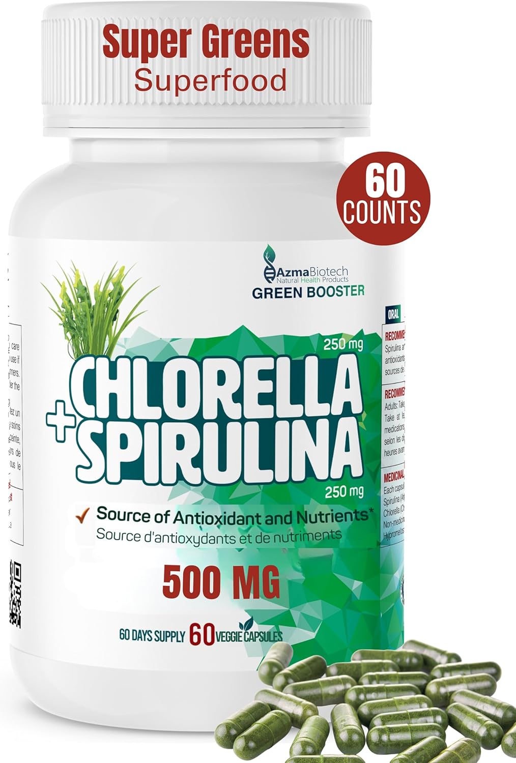 Organic Spirulina and Chlorella Capsules 500mg, 60 Count, 50/50 Blend, Vegan and Gluten-Free, High in Protein and Nutrients, Supports Energy and Immune Function, Made in Canada