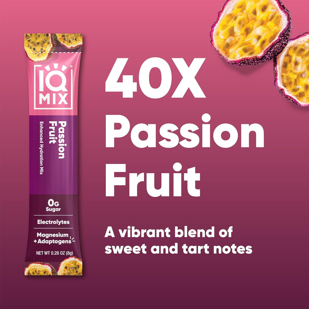 IQMIX Hydration Electrolyte Powder – 4-in-1 Formula for Hydration, Mental Clarity, Mood and Recovery – Sugar-Free Drink Mix, Keto, Magnesium L-Threonate, Lion’s Mane – 40 Count Passion Fruit