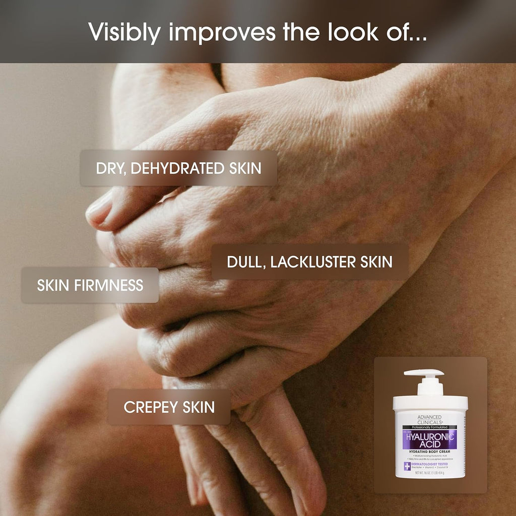 Advanced Clinicals Hyaluronic Acid Moisturizer Body Cream W/Vitamin E | Hydrating Cream & Body Lotion For Women & Men To Help Improve Look of Wrinkles, Dry Skin, Crepey Looking Skin, 16OZ, 2-Pack