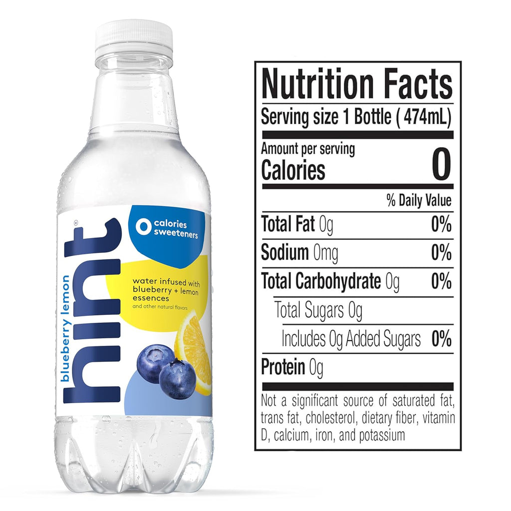 Hint Water Blueberry Lemon, Pure Water Infused with Blueberries & Lemons, Zero Sugar, Zero Calories, Zero Sweeteners, Zero Preservatives, Zero Artificial Flavors, 16 Fl Oz (Pack of 12)