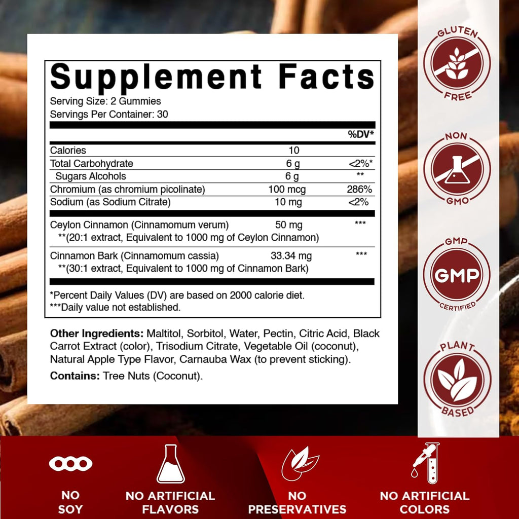 Vitamatic Sugar-Free Chromium Gummies with Ceylon Cinnamon – 2000 mg Equivalent Per Serving (from Extract 83 mg) – Non-GMO, Gluten-Free – 60 Vegan Gummies – 2 Pack