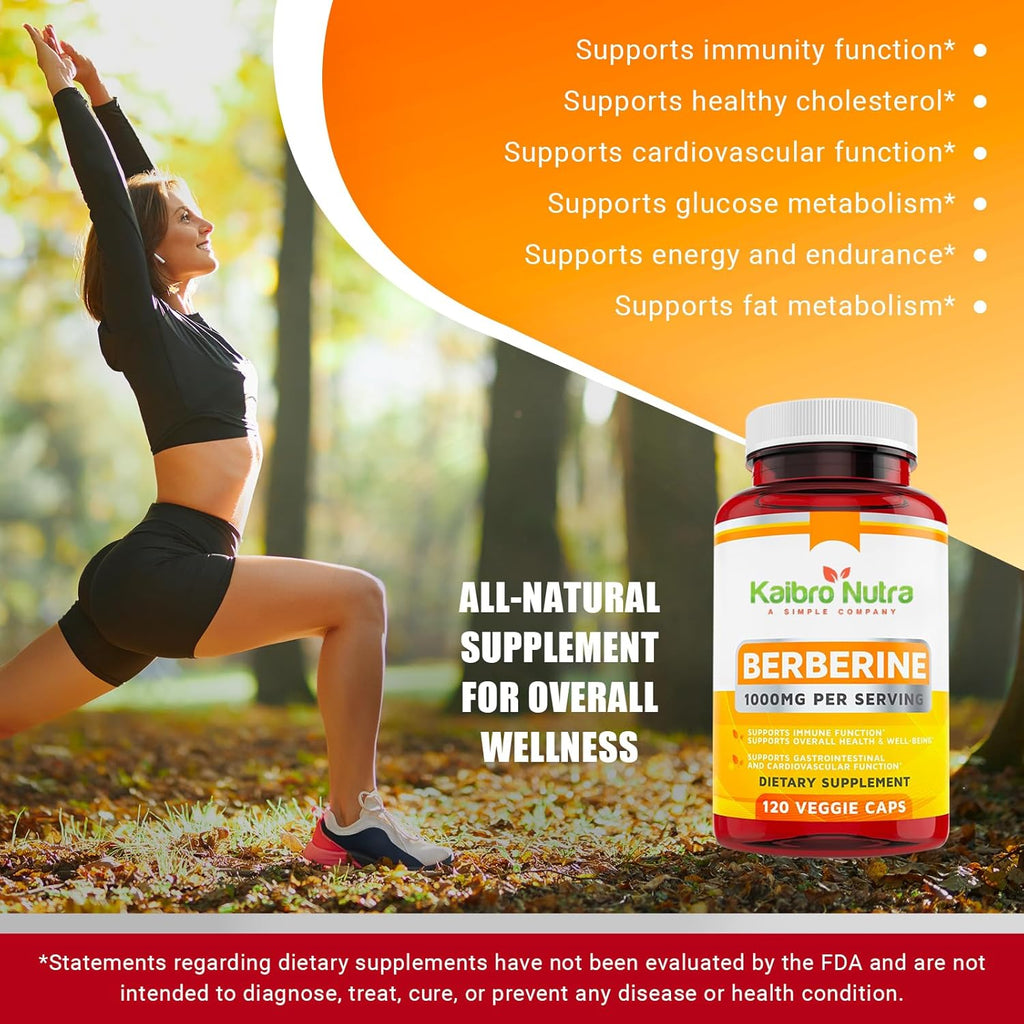 Kaibro Nutra Berberine Supplement 1000mg, Berberine HCL for Immune System, Glucose Support, Circulatory & Gastrointestinal Health, Vegan & Gluten-Free, 120 Capsules
