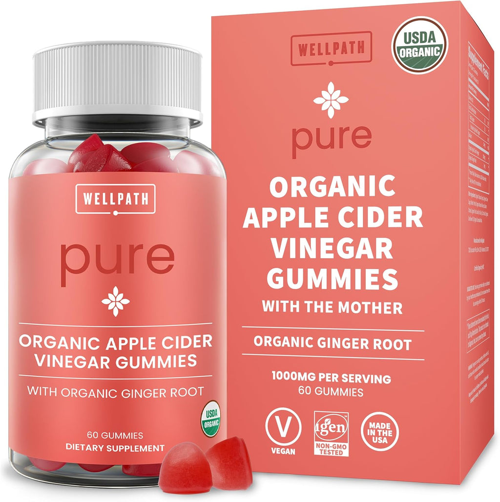 WellPath Organic Apple Cider Vinegar Gummies with The Mother - USDA Organic ACV Gummies - Ginger & Apple Cider Vinegar with Mother for Gut Health - Vegan, Non-GMO, 60 Ct