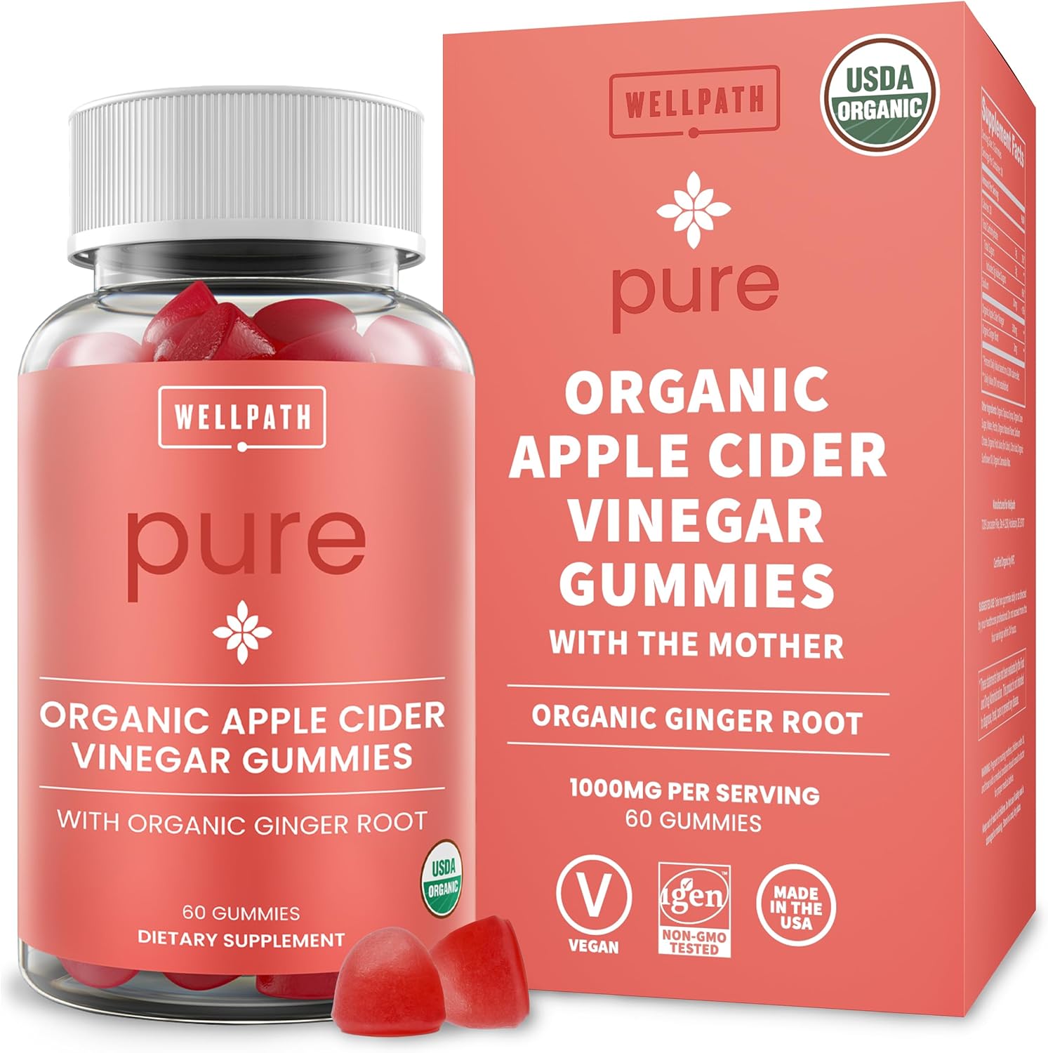 WellPath Organic Apple Cider Vinegar Gummies with The Mother - USDA Organic ACV Gummies - Ginger & Apple Cider Vinegar with Mother for Gut Health - Vegan, Non-GMO, 60 Ct