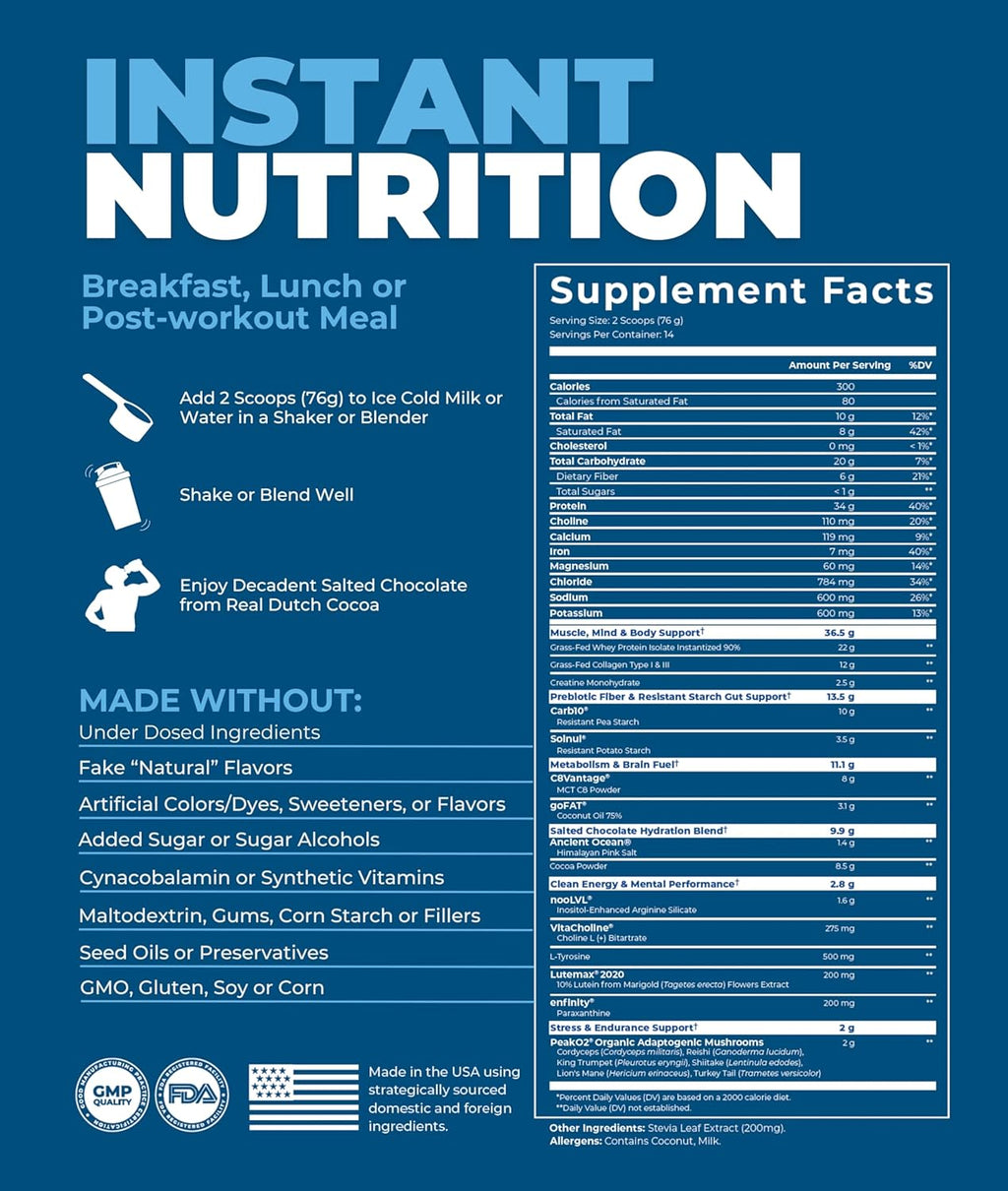 Meal Replacement Shake, Grass Fed Whey Protein Isolate & Collagen Peptides, Creatine Monohydrate, Electrolytes Powder, Prebiotics, Organic Mushrooms, Nootropic Energy Drink (14 Meals Salted Chocolate)