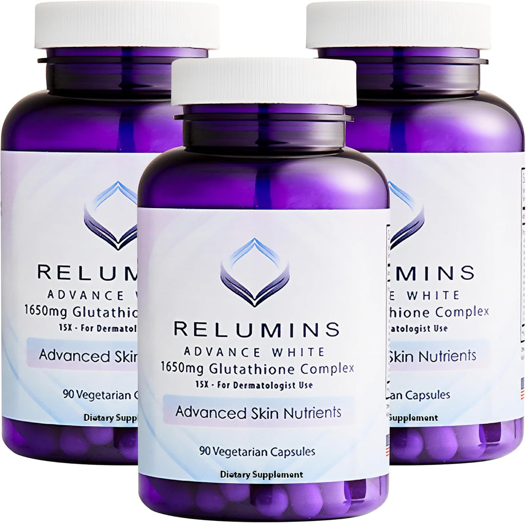 Relumins L-Glutathione Complex 1650mg - Antioxidant Support with Alpha Lipoic Acid, NAC, L-Methionine, Vitamin E - Halal & cGMP Certified, Skin Health Supplement - 90 Vegetarian Capsules x 3 Bottles
