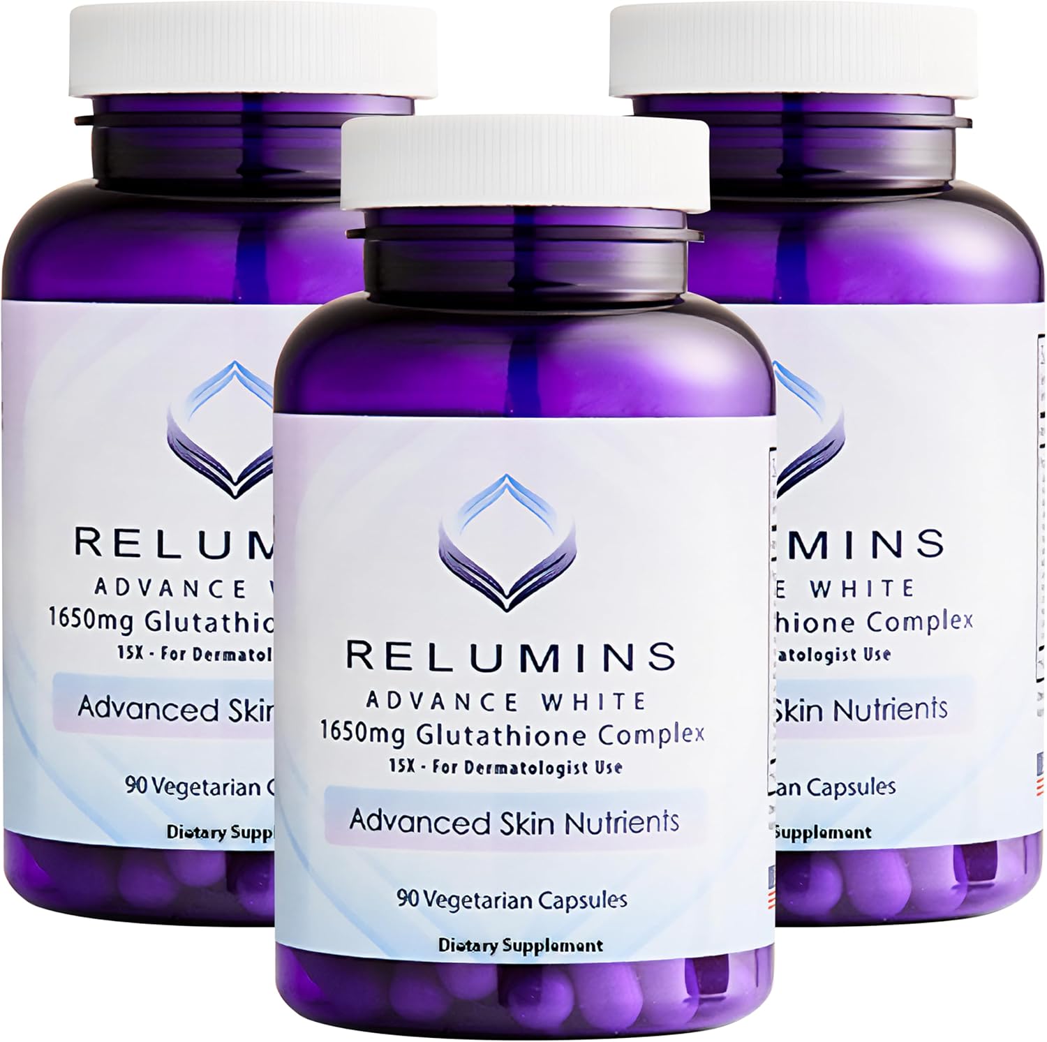 Relumins L-Glutathione Complex 1650mg - Antioxidant Support with Alpha Lipoic Acid, NAC, L-Methionine, Vitamin E - Halal & cGMP Certified, Skin Health Supplement - 90 Vegetarian Capsules x 3 Bottles