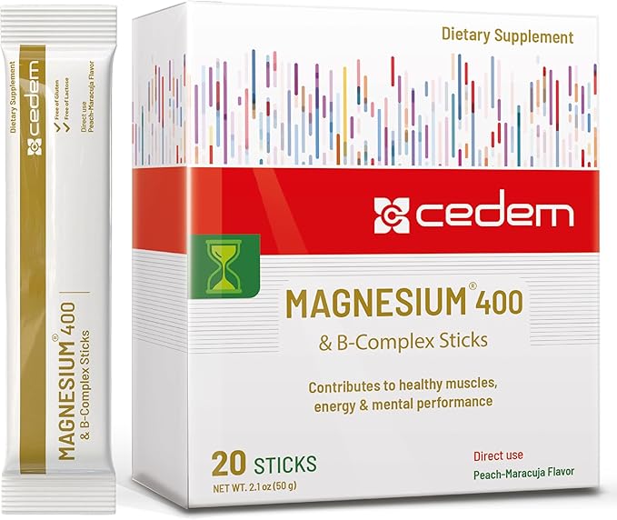 Switzerland Magnesium 400mg Sticks, Peach Flavor, Direct Use on Tongue Without Liquid with Vitamins B, Support Muscle & Bone Health, Improve Energy, Gluten & Lactose-Free 20 Sticks (Sachets)