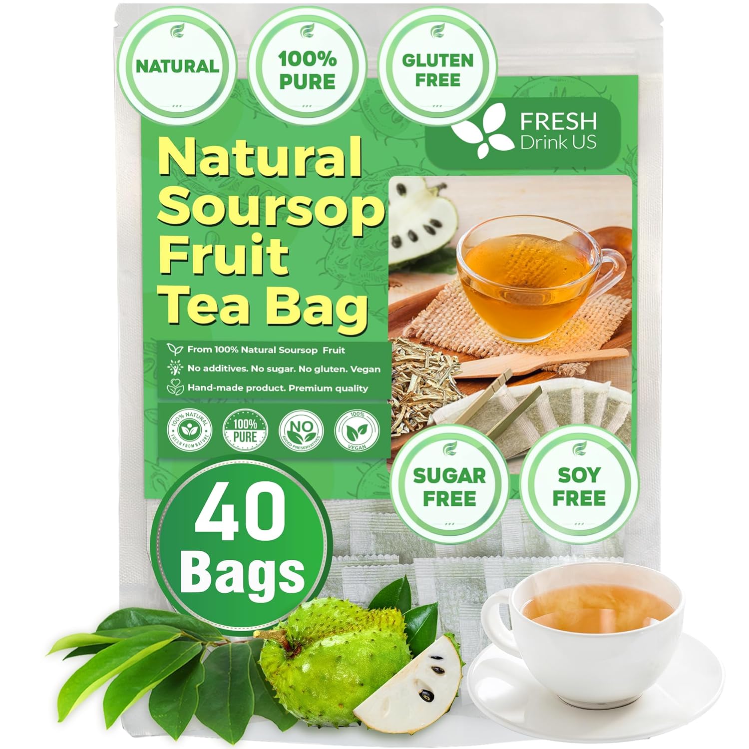 FreshDrinkUS, 40 Premium Soursop Graviola Fruit Tea Bags, 100% Natural and Pure from Soursop Fruits, Made With Natural Materials-Corn Fiber Tea Bag, Sugar/Caffeine/Gluten Free, Hoja Guanabana Tea