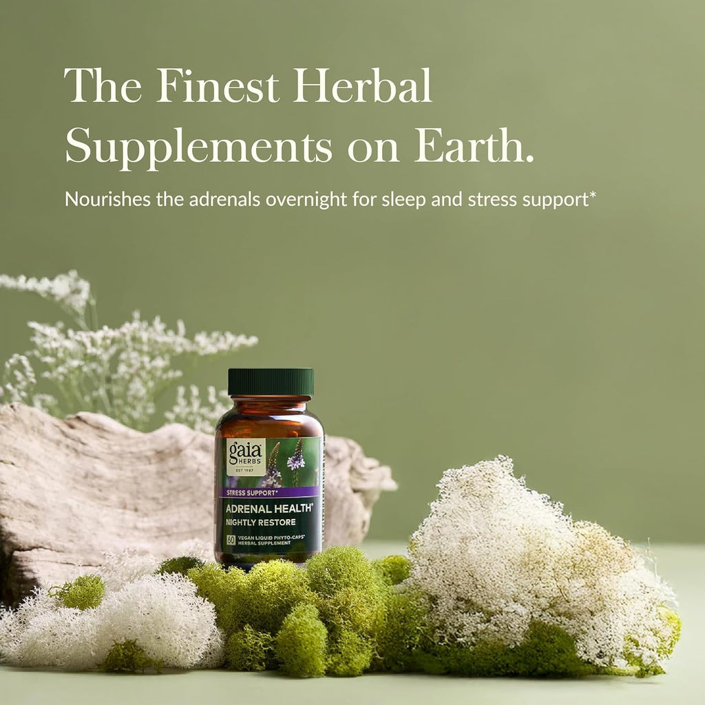 Gaia Herbs Adrenal Health Nightly Restore - Herbal Supplement with Ashwagandha, Magnolia Bark, Cordyceps, Lemon Balm, and More - 60 Vegan Liquid Phyto-Capsules (30 Servings)