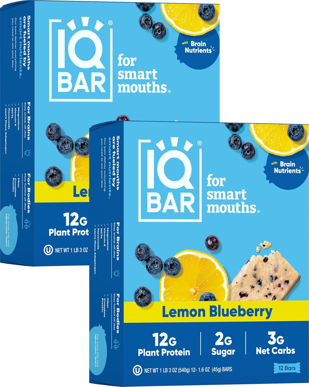 IQBAR Brain and Body Plant Protein Bars - Lemon Blueberry - 24-Count - Keto, Vegan, Low Carb, High Fiber, Gluten Free, Dairy Free, Low Sugar Snack with Nutrients for Focus, Energy, Meal Replacement