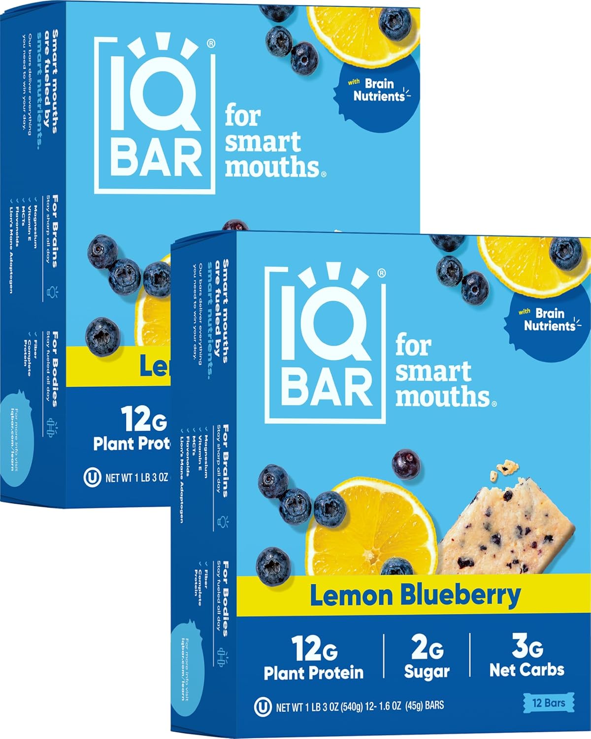 IQBAR Brain and Body Plant Protein Bars - Lemon Blueberry - 24-Count - Keto, Vegan, Low Carb, High Fiber, Gluten Free, Dairy Free, Low Sugar Snack with Nutrients for Focus, Energy, Meal Replacement