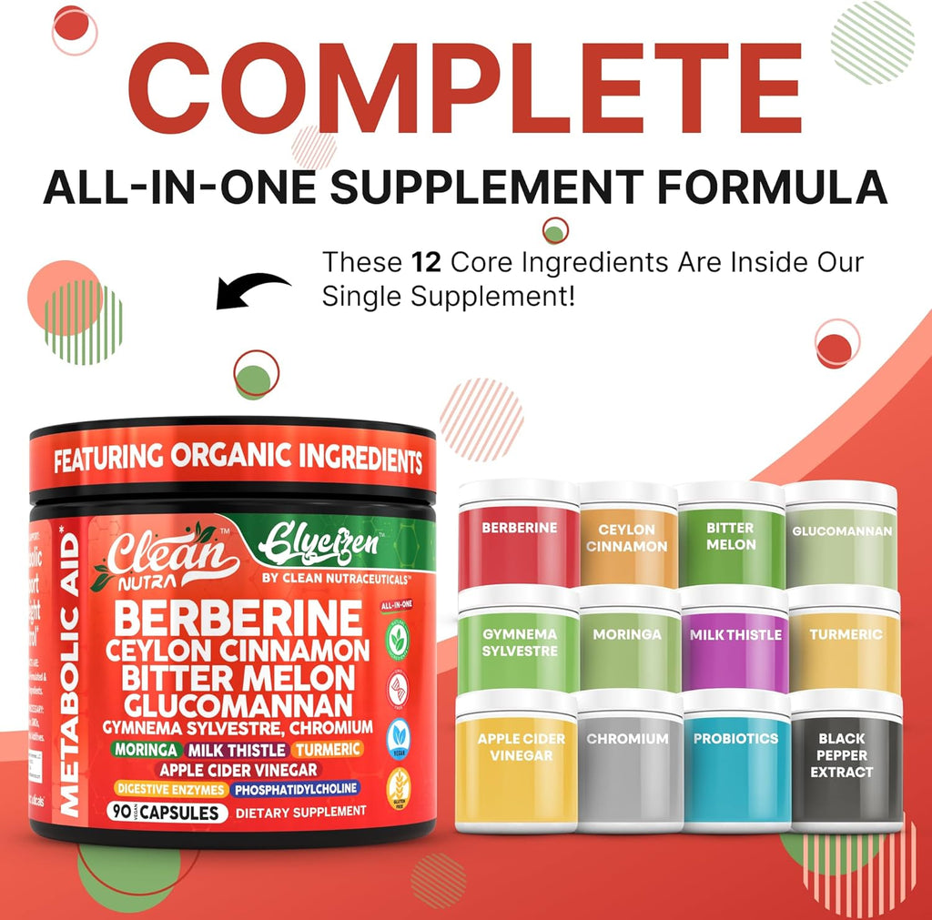 Clean Nutra Berberine Ceylon Cinnamon Bitter Melon Glucomannan Gymnema Sylvestre Chromium Moringa Milk Thistle Turmeric Apple Cider Vinegar Digestive Enzymes Inositol Supplement 90 Capsules