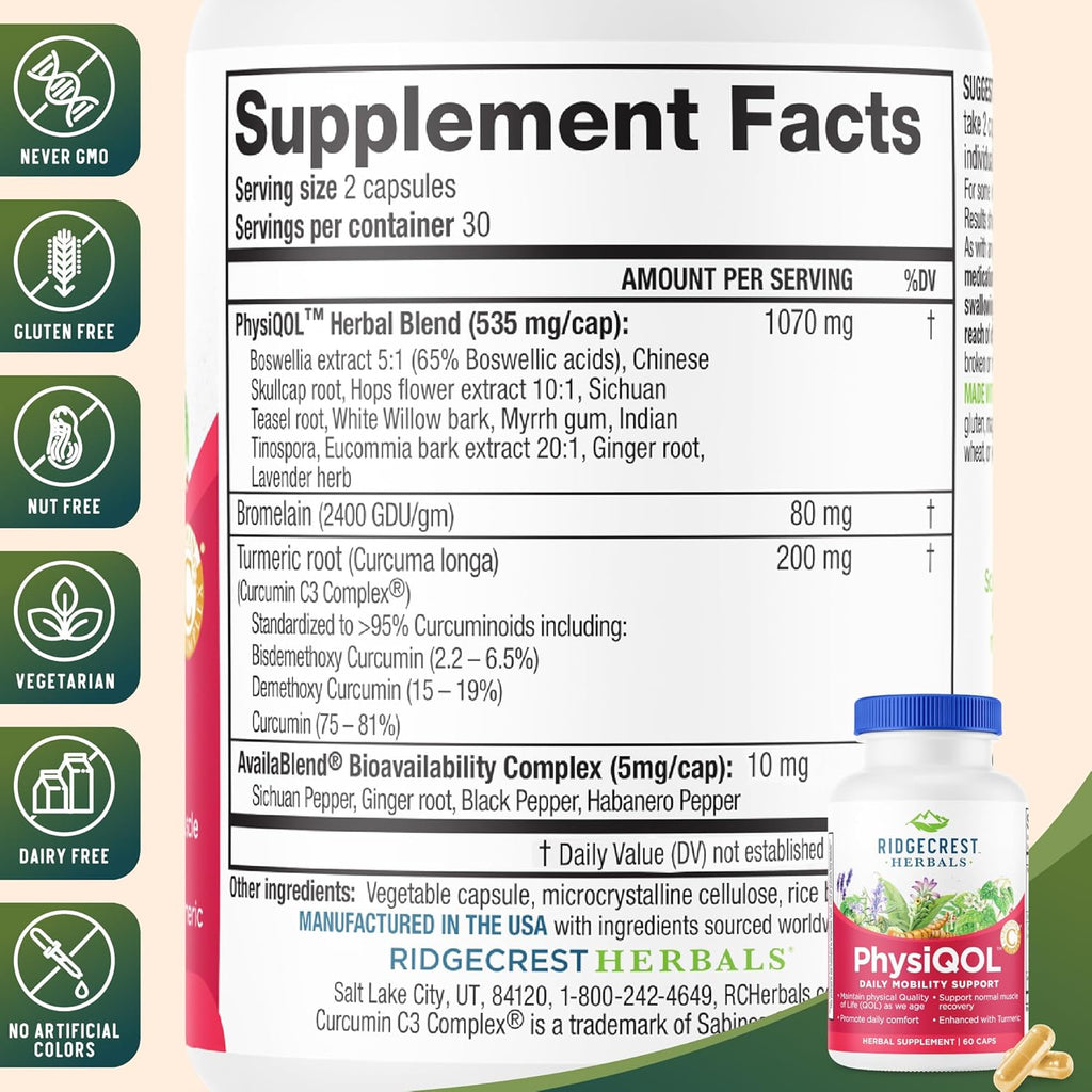 Ridgecrest Herbals PhysiQOL, Herbal Supplement with Boswelia and Tumeric (60 Vegan Caps, 30 Serv)