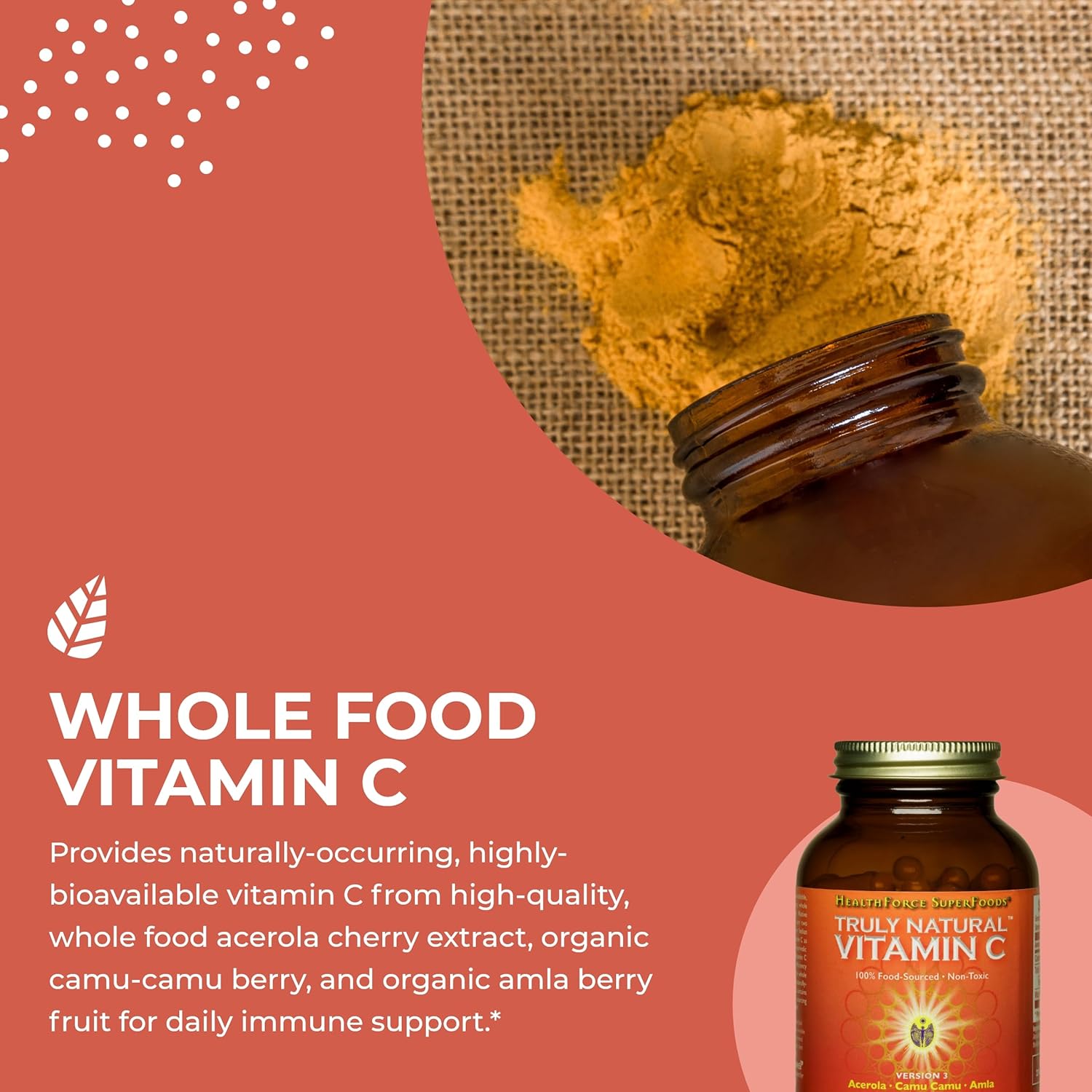 HEALTHFORCE SUPERFOODS Truly Natural Vitamin C - Immune Support Supplement with Camu Camu Berry - Vitamin C Supplement for Immune Health - Vegan, Non-GMO - 120 Vegan Caps, 15 Servings