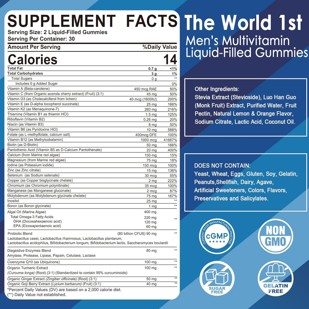 Mens Multivitamins Gummies, Multiminerals, Vegan Omega 3, CoQ10, Probiotics, Daily Mens Vitamins A C D3 E B6 B12, Methylated Multivitamin for Men - Energy, Immunity, Sugar Free, Vegan (No Iron) 60 Cts