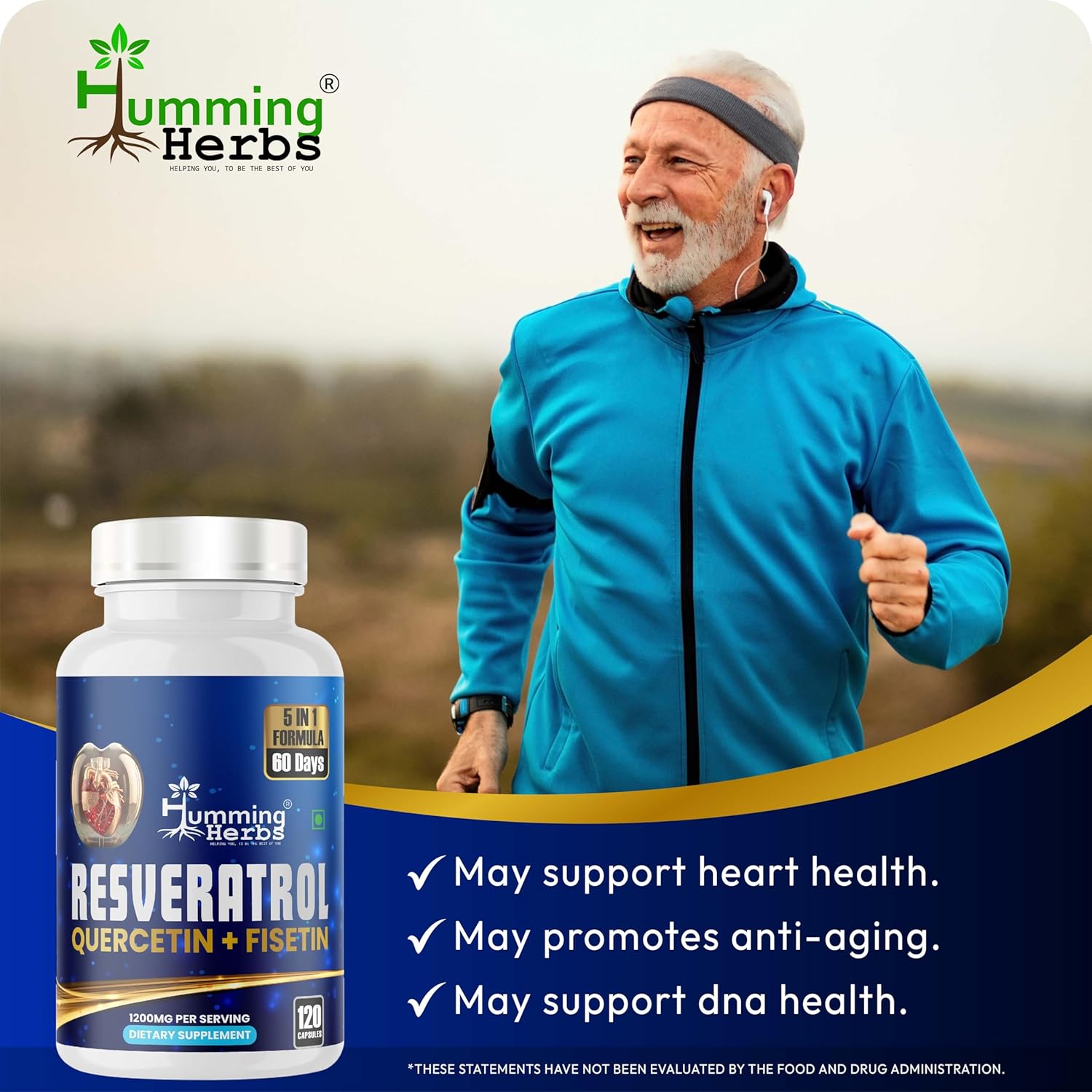 Resveratrol Supplement 1200mg – 5-in-1 Formula with Quercetin, Fisetin, Spermidine & Vitamin D3 – Cardiovascular & Wellness Support – 120 Capsules