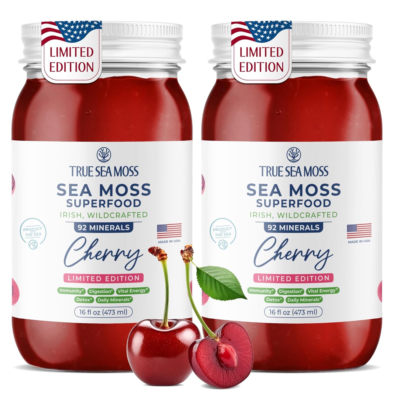 TrueSeaMoss Sea Moss Gel – Limited Edition – Made in USA – Wildcrafted Seamoss, Fresh Fruits & Sea Vegetables – Cherry, Pack of 2 (Labels May Vary)