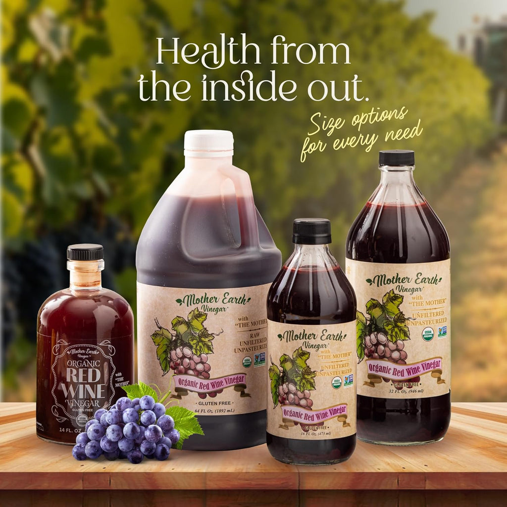 Mother Earth, Organic Red Wine Vinegar with The Mother, Fresh Pressed Organic Cabernet Grapes, ORWV, RWV, Raw, Unpasteurized, Unfiltered (1/14oz Apothecary Glass Bottle with Pour Spout)