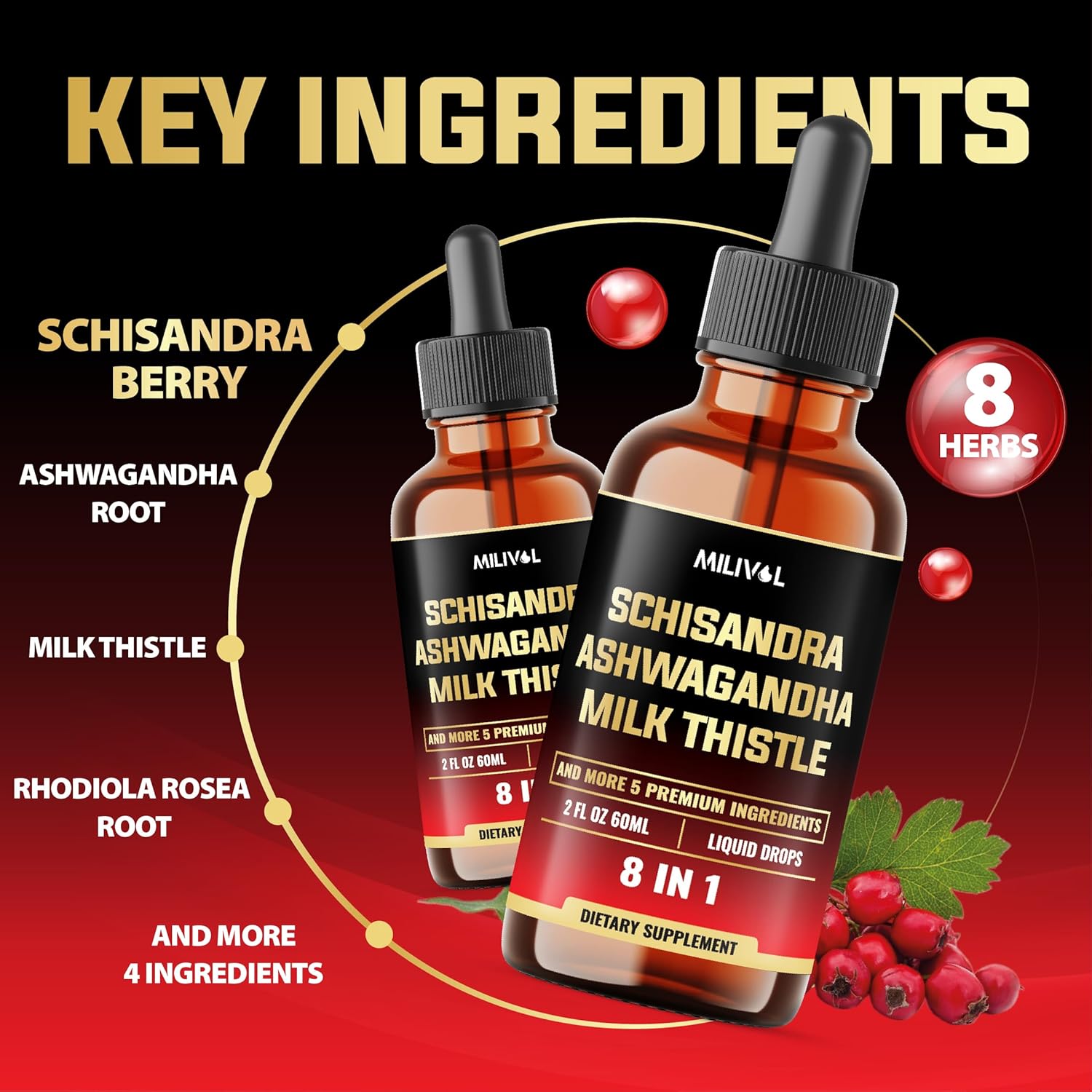 8in1 Schisandra Berry Drops with Milk Thistle, Ashwagandha, Rhodiola Rosea, Holy Basil, Artichoke, Dandelion Root & Turmeric Curcumin - 2 Fl Oz for 2 Month Supply