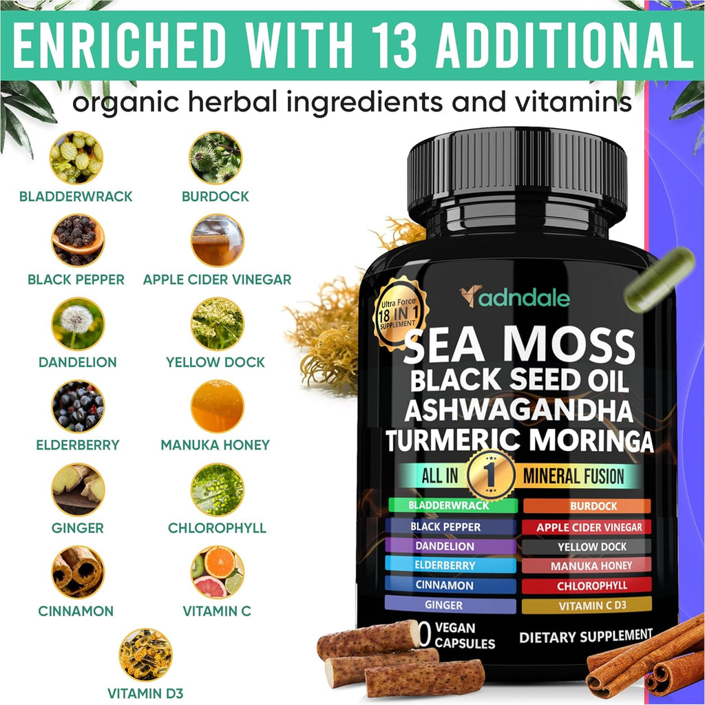 Adndale Sea Moss Black Seed Oil Ashwagandha Ginger Capsules. Sea Moss Capsules with Black Seed Oil, Ashwagandha, Turmeric, Moringa, Bladderwrack, Burdock Root, Manuka Honey, Cinnamon