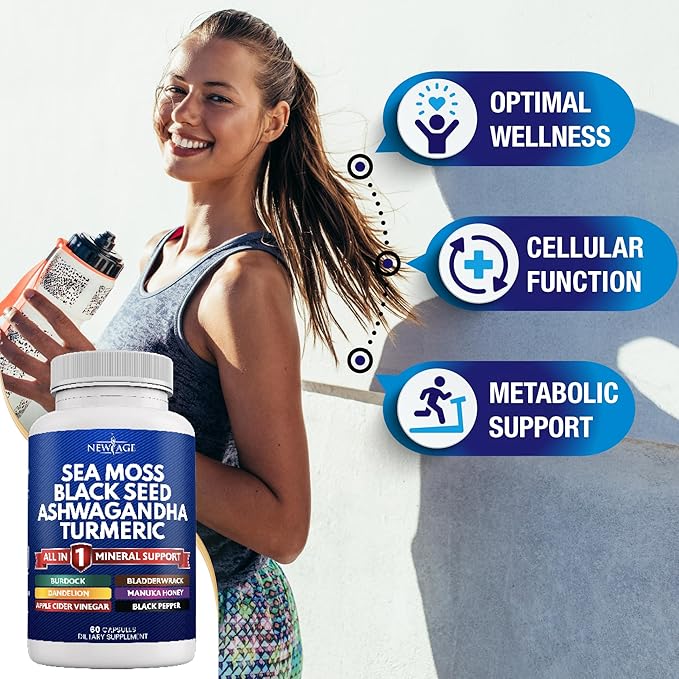 NEW AGE Sea Moss Capsules, Black Seed Oil Ashwagandha Turmeric Bladderwrack Burdock - with Manuka, Honey Dandelion, ACV Black Pepper Gluten Free