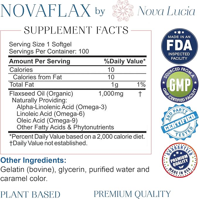 Nova Lucia Organic Flaxseed Oil Capsules 1000mg – Omega 3 6 9 Softgels for Hair, Skin & Nails – Non-GMO, Gluten-Free, Hexane-Free, Easy to Swallow – 100 Liquid Softgels