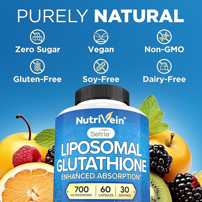 Nutrivein Premium Liposomal Glutathione Supplement 700 mg - 60 Caps - Pure Reduced Glutathione Setria - Master Antioxidant - Cell Protection, Cleansing, Liver, Brain, Vitality, and Defenses