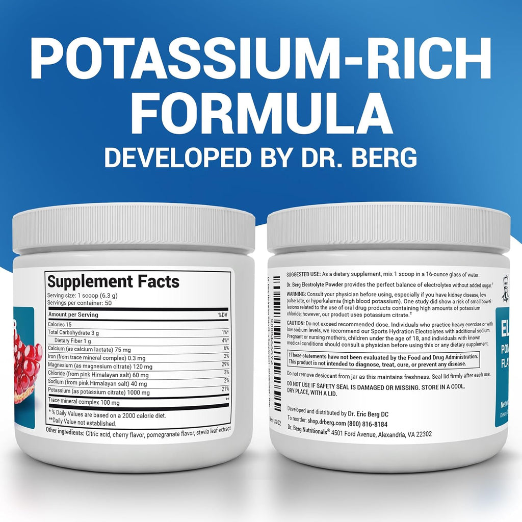Dr. Berg Zero Sugar Hydration Keto Electrolyte Powder - Enhanced w/ 1000 mg of Potassium & Real Pink Himalayan Salt (NOT Table Salt) - Pomegranate and Cherry Hydration Drink Supplement - 50 Servings