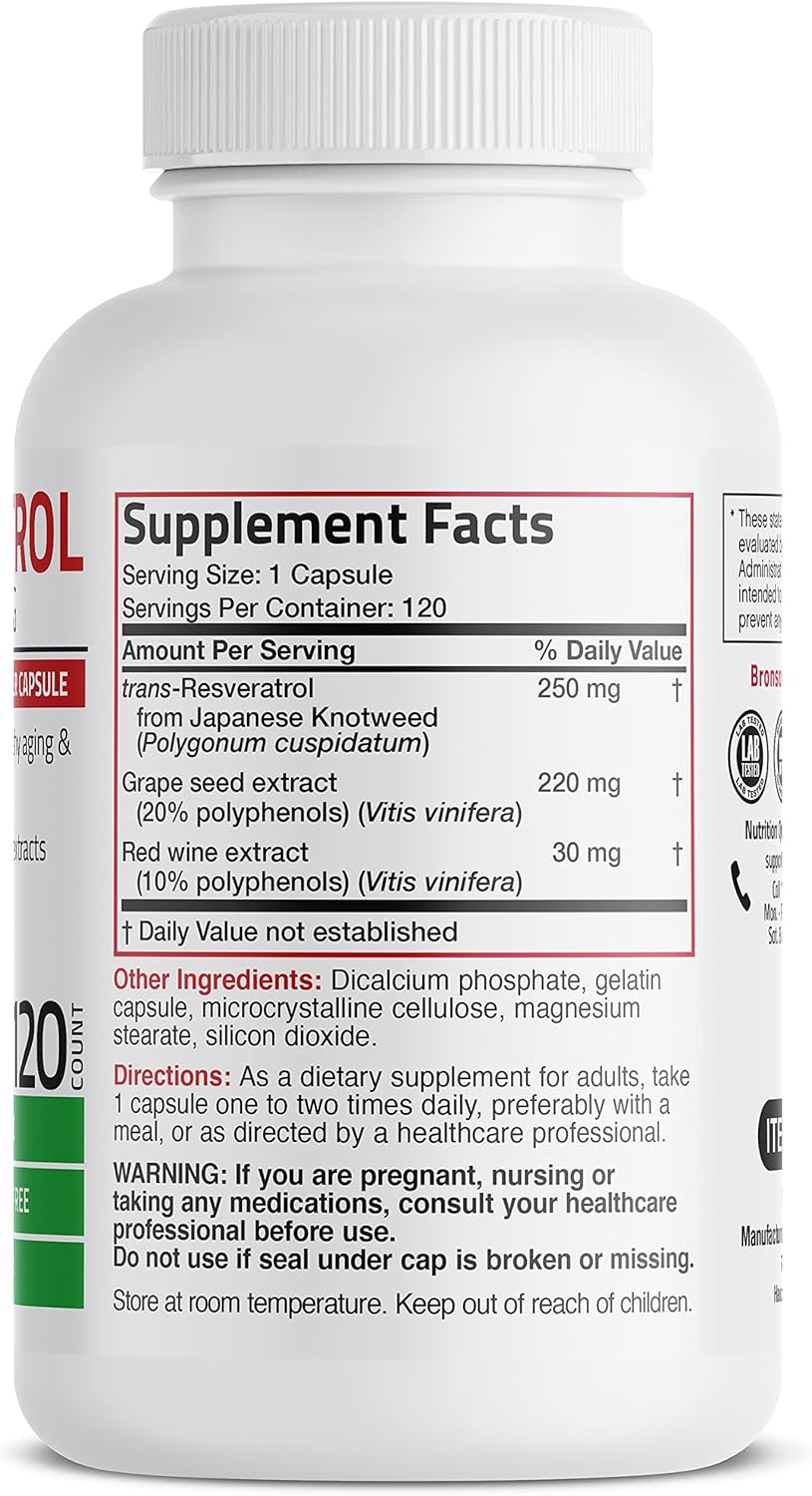 Bronson Resveratrol 500 Complex Standardized Trans-Resveratrol + Grape Seed & Red Wine Extract, 120 Capsules