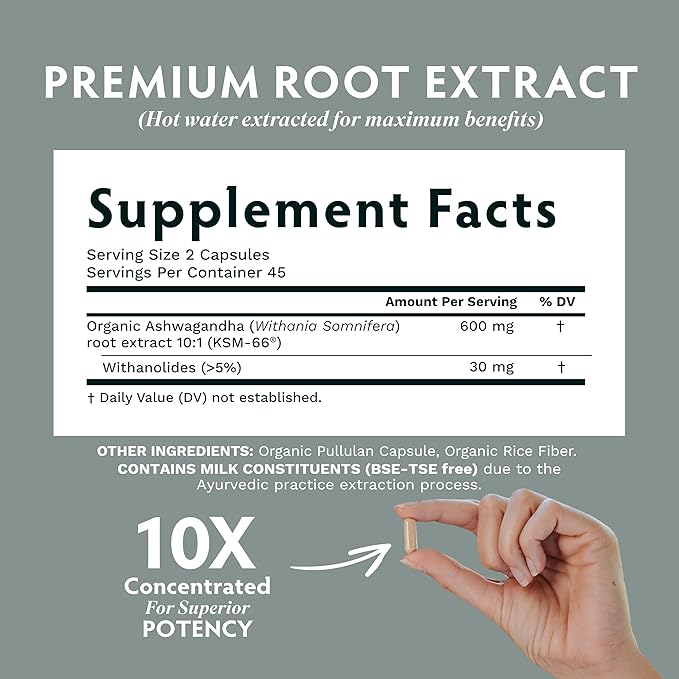 TRIBE ORGANICS Ashwagandha KSM 66 Pure Organic Root Powder Extract Ayurvedic Supplement - Focus Mood Support Increase Energy Strength 600mg of Natural KSM66 for Superior Absorption - 90 Capsules