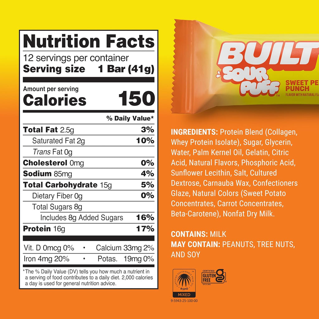 Built Bar, Sour Puff Protein Bars, Sweet Peach Punch, Collagen, On-the-go Snacks, Sour Candy Snack, 12 Pack