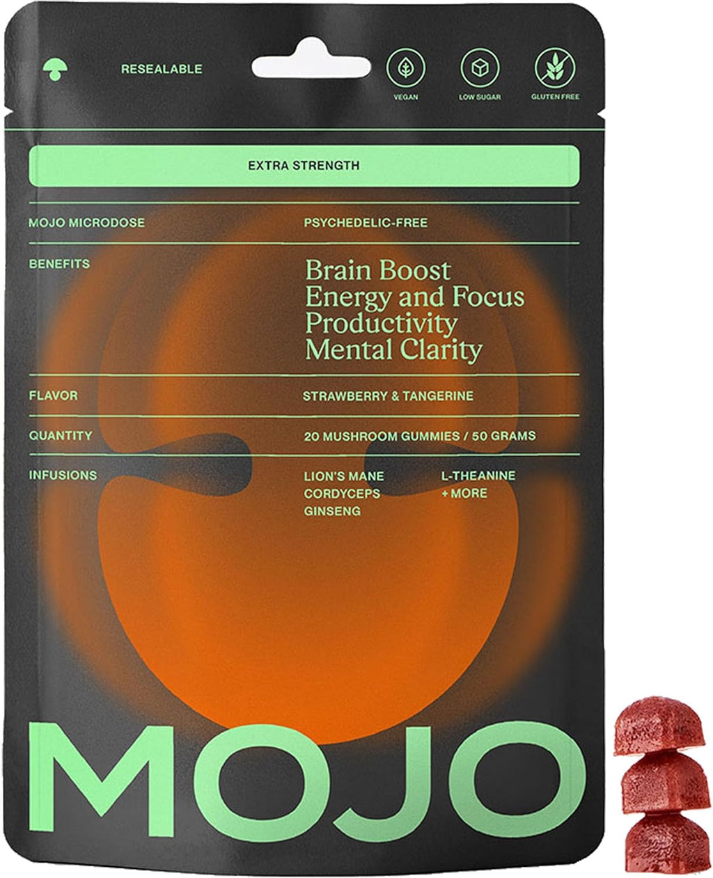 Mojo Focus Gummies with Lion’s Mane, Panax Ginseng, Ginger Root, Cordyceps, SAM-e, and Nootropics, Energy and Focus Supplement, Vegan, Strawberry Tangerine (20 Count - Pack of 1)