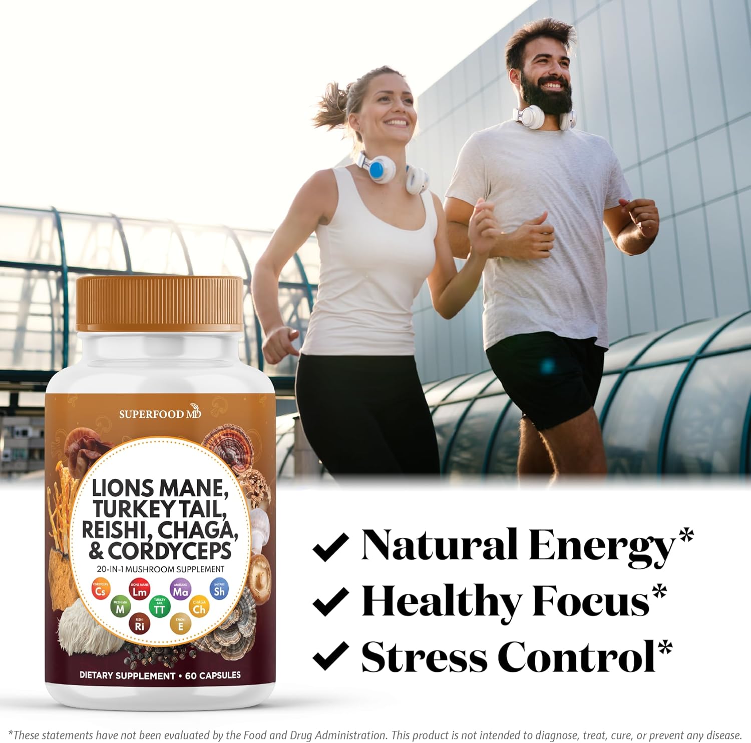 Lions Mane Mushroom Supplement with Turkey Tail Reishi Cordyceps Chaga with Marshmallow Root - 180 Count