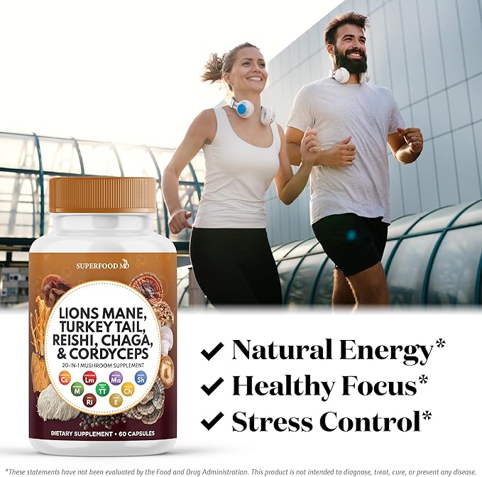Superfood MD Lions Mane Mushroom Supplement with Turkey Tail Reishi Cordyceps Chaga with Marshmallow Root - 120 Count