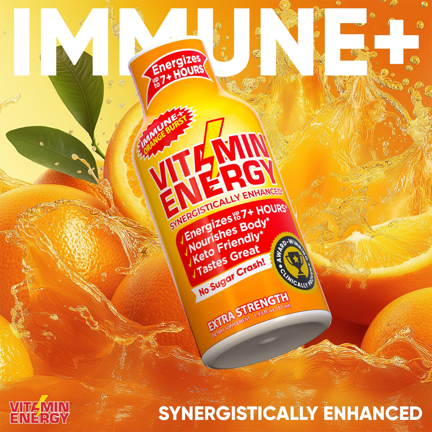Vitamin Energy Immune+ Extra Strength Energy Shot Orange Burst 24 Pack, 260mg Natural Caffeine, B-Vitamins, Citicoline, Green Tea, Immunity & Focus Support, Zero Sugar, Gluten-Free 1.93 fl oz