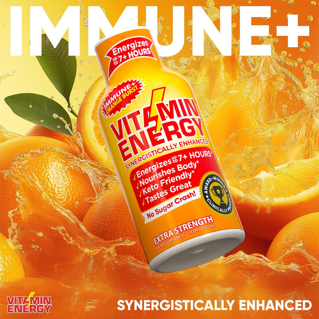 Vitamin Energy Immune+ Extra Strength Energy Shot Orange Burst 48 Pack, 260mg Natural Caffeine, B-Vitamins, Citicoline, Green Tea, Immunity & Focus Support, Zero Sugar, Gluten-Free 1.93 fl oz