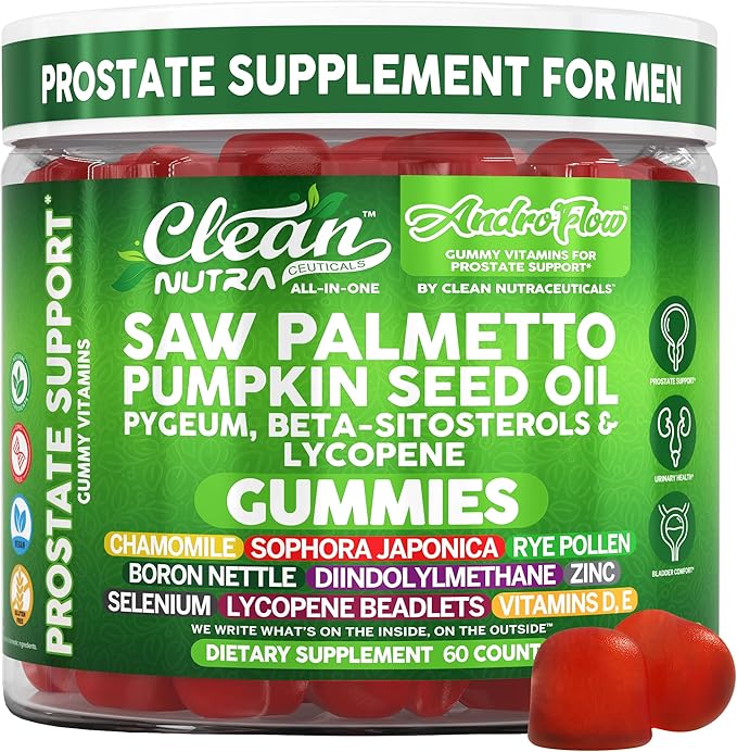 AndroFlow Saw Palmetto and Pumpkin Seed Oil Prostate Health Supplements for Men Pygeum Beta Sitosterol Lycopene Boron Zinc Selenium DIM Stinging Nettle Vitamin D, 60 Gummy Supplements by Clean Nutra