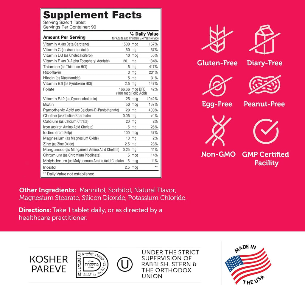 Zahler Kids Multivitamin Chewable Vitamin Tablet - Complete One Daily Kids Vitamins Supplement - Contains 20+ Minerals & Vitamins for Kids & Toddlers - Kosher Multivitamins Cherry Flavor (90)